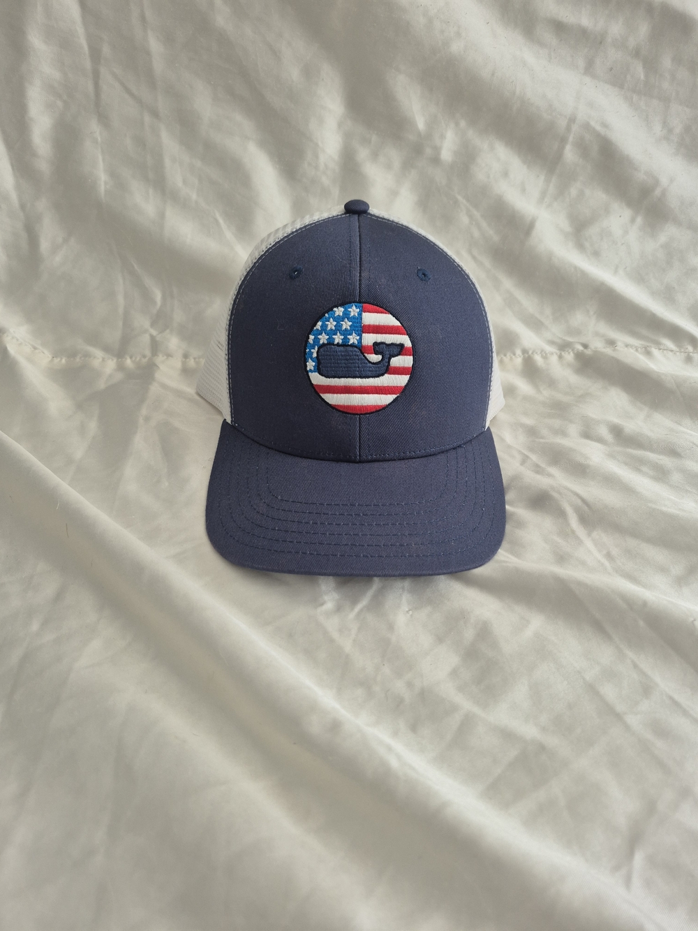 Vineyard Vines Navy and White Trucker Hat with American Flag Whale Patch